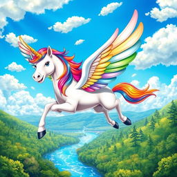 A colorful and dynamic depiction of a pegasus with a vibrant rainbow mane and tail, soaring through a bright blue sky dotted with fluffy white clouds