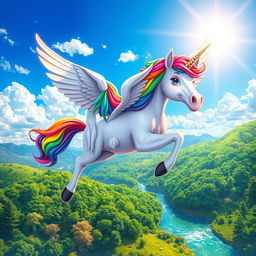 A colorful and dynamic depiction of a pegasus with a vibrant rainbow mane and tail, soaring through a bright blue sky dotted with fluffy white clouds
