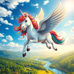 A colorful and dynamic depiction of a pegasus with a vibrant rainbow mane and tail, soaring through a bright blue sky dotted with fluffy white clouds