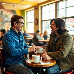 Two men engaged in a lively conversation in a vibrant cafe setting, with warm sunlight streaming through the windows