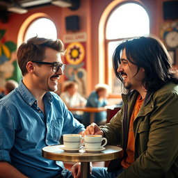 Two men engaged in a lively conversation in a vibrant cafe setting, with warm sunlight streaming through the windows