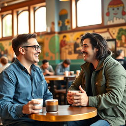 Two men engaged in a lively conversation in a vibrant cafe setting, with warm sunlight streaming through the windows