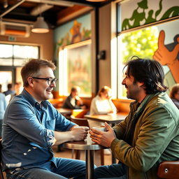 Two men engaged in a lively conversation in a vibrant cafe setting, with warm sunlight streaming through the windows