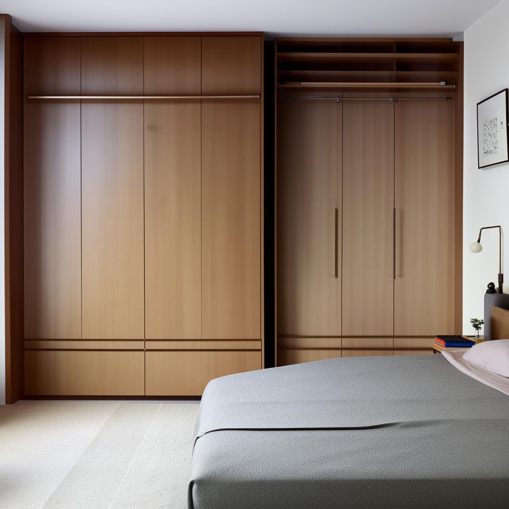 A well-organized bedroom showcasing contemporary furniture. Display a large polished bed, sophisticated bedside tables, a streamlined study desk with a chic chair, and a sleek wooden wardrobe.