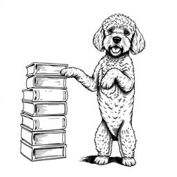 A Lagotto Romagnolo dog standing on its hind legs, leaning its front legs on a stack of books positioned on the left side of the image