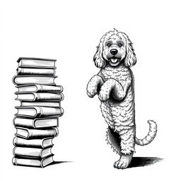 A Lagotto Romagnolo dog standing on its hind legs, leaning its front legs on a stack of books positioned on the left side of the image