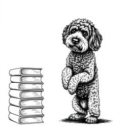 A Lagotto Romagnolo dog standing on its hind legs, leaning its front legs on a stack of books positioned on the left side of the image