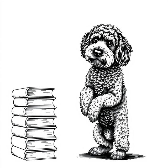 A Lagotto Romagnolo dog standing on its hind legs, leaning its front legs on a stack of books positioned on the left side of the image