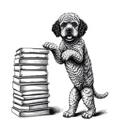 A Lagotto Romagnolo dog standing on its hind legs, leaning its front legs on a stack of books positioned on the left side of the image