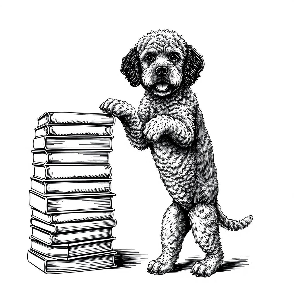 A Lagotto Romagnolo dog standing on its hind legs, leaning its front legs on a stack of books positioned on the left side of the image