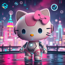 A whimsical and colorful scene featuring a futuristic version of Hello Kitty, designed as an artificial intelligence character