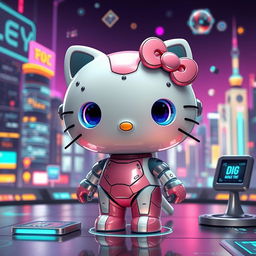 A whimsical and colorful scene featuring a futuristic version of Hello Kitty, designed as an artificial intelligence character