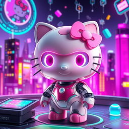 A whimsical and colorful scene featuring a futuristic version of Hello Kitty, designed as an artificial intelligence character