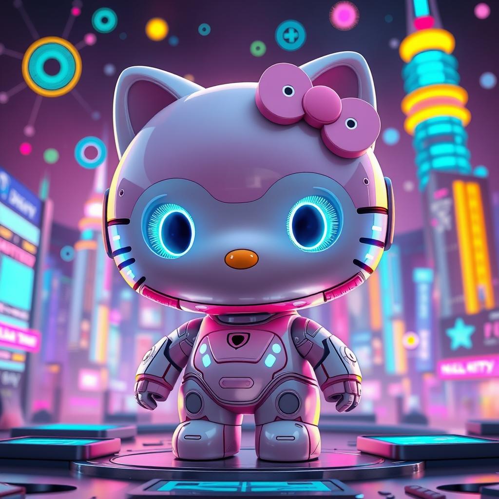A whimsical and colorful scene featuring a futuristic version of Hello Kitty, designed as an artificial intelligence character