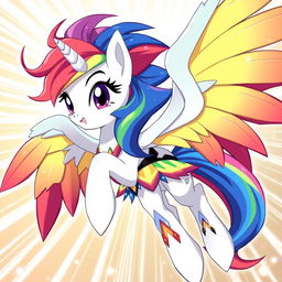 A stunning anime-style character transformation of Rainbow Dash in human form, featuring cream-colored skin
