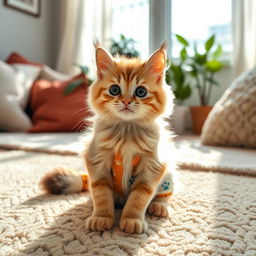 A cute, fluffy cat wearing colorful pants, playfully sitting on a cozy rug in a sunlit living room