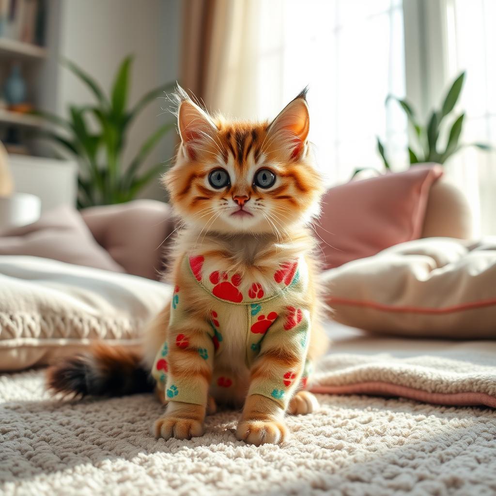 A cute, fluffy cat wearing colorful pants, playfully sitting on a cozy rug in a sunlit living room