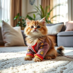 A cute, fluffy cat wearing colorful pants, playfully sitting on a cozy rug in a sunlit living room