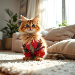 A cute, fluffy cat wearing colorful pants, playfully sitting on a cozy rug in a sunlit living room