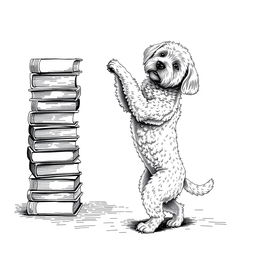 A white Lagotto Romagnolo dog standing on its hind legs on the ground, playfully leaning its front legs on the top book of a stack of books on the left side of the image