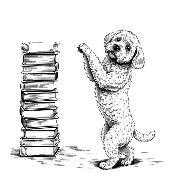 A white Lagotto Romagnolo dog standing on its hind legs on the ground, playfully leaning its front legs on the top book of a stack of books on the left side of the image