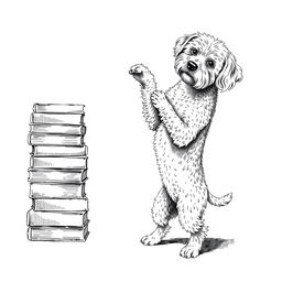 A white Lagotto Romagnolo dog standing on its hind legs on the ground, playfully leaning its front legs on the top book of a stack of books on the left side of the image