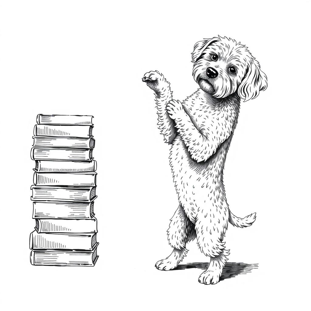 A white Lagotto Romagnolo dog standing on its hind legs on the ground, playfully leaning its front legs on the top book of a stack of books on the left side of the image