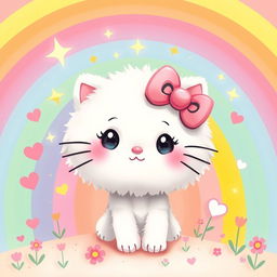 A whimsical and colorful depiction of a cute, cartoonish character inspired by the theme of Hello Kitty, featuring a fluffy, round white cat with an oversized pink bow on its head