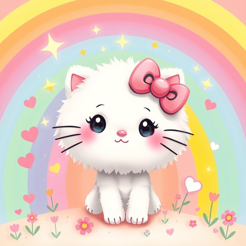 A whimsical and colorful depiction of a cute, cartoonish character inspired by the theme of Hello Kitty, featuring a fluffy, round white cat with an oversized pink bow on its head