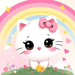 A whimsical and colorful depiction of a cute, cartoonish character inspired by the theme of Hello Kitty, featuring a fluffy, round white cat with an oversized pink bow on its head
