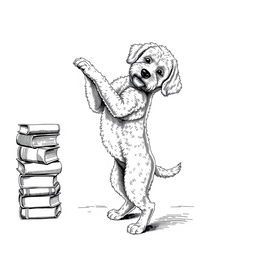 A white Lagotto Romagnolo dog standing on its hind legs on the ground, playfully leaning its front legs on the top book of a stack of books on the left side of the image