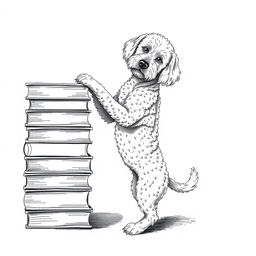 A white Lagotto Romagnolo dog standing on its hind legs on the ground, playfully leaning its front legs on the top book of a stack of books on the left side of the image