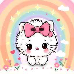 A whimsical and colorful depiction of a cute, cartoonish character inspired by the theme of Hello Kitty, featuring a fluffy, round white cat with an oversized pink bow on its head