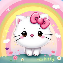 A whimsical and colorful depiction of a cute, cartoonish character inspired by the theme of Hello Kitty, featuring a fluffy, round white cat with an oversized pink bow on its head