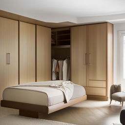 A well-organized bedroom showcasing contemporary furniture. Display a large polished bed, sophisticated bedside tables, a streamlined study desk with a chic chair, and a sleek wooden wardrobe.