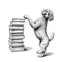 A Lagotto Romagnolo dog standing on its hind legs on the ground, playfully leaning its front legs on the uppermost book of a stack of books positioned on the left side of the image