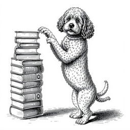 A Lagotto Romagnolo dog standing on its hind legs on the ground, playfully leaning its front legs on the uppermost book of a stack of books positioned on the left side of the image