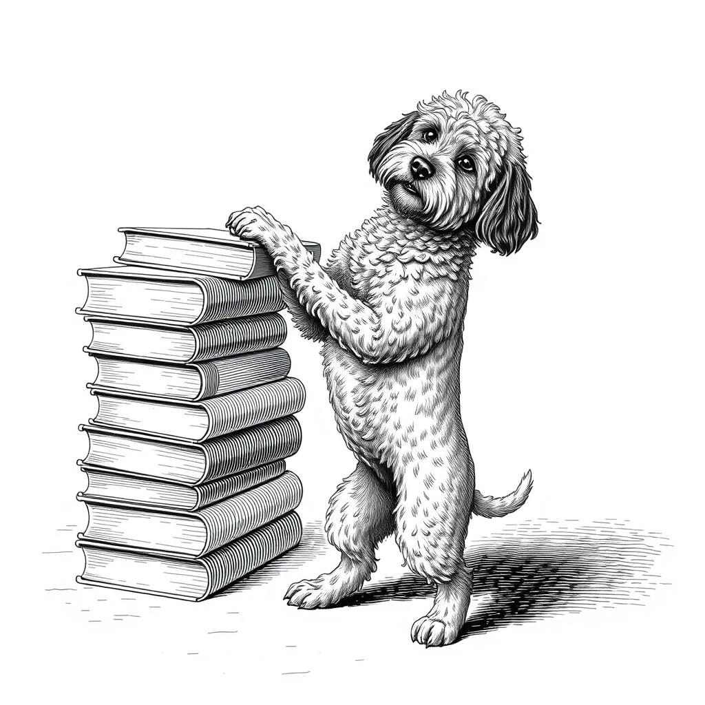 A Lagotto Romagnolo dog standing on its hind legs on the ground, playfully leaning its front legs on the uppermost book of a stack of books positioned on the left side of the image