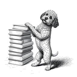 A Lagotto Romagnolo dog standing on its hind legs on the ground, playfully leaning its front legs on the uppermost book of a stack of books positioned on the left side of the image