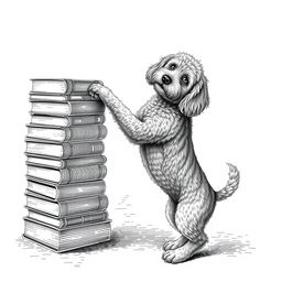 A Lagotto Romagnolo dog standing on its hind legs on the ground, playfully leaning its front legs on the uppermost book of a stack of books positioned on the left side of the image