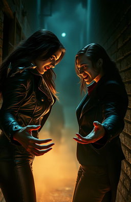 A fierce vampire hunter exuding confidence and power, standing in a dimly lit alley filled with ominous shadows, her eyes sharp and focused