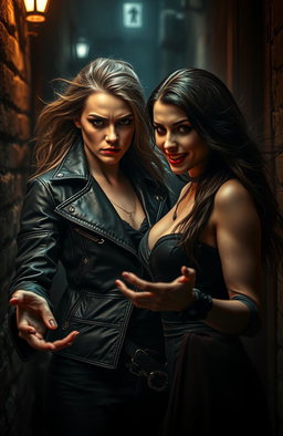 A fierce vampire hunter exuding confidence and power, standing in a dimly lit alley filled with ominous shadows, her eyes sharp and focused