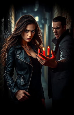 A fierce vampire hunter exuding confidence and power, standing in a dimly lit alley filled with ominous shadows, her eyes sharp and focused