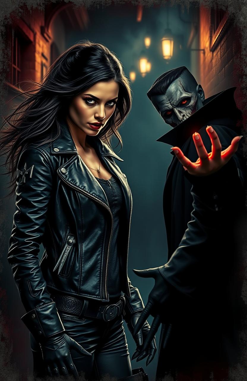 A fierce vampire hunter exuding confidence and power, standing in a dimly lit alley filled with ominous shadows, her eyes sharp and focused