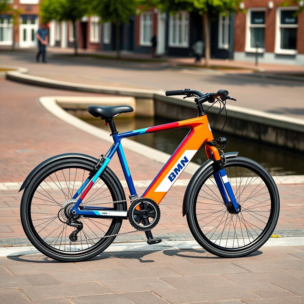 A Dutch city bike with a sleek and stylish design, featuring vibrant geometric patterns inspired by the iconic BMW M3 GTR paint scheme from Need For Speed Most Wanted