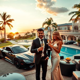 A vibrant and aspirational scene showcasing a luxurious lifestyle: a lavish mansion with a sprawling garden and a sparkling swimming pool, opulent cars parked in a grand driveway, palm trees swaying in the gentle breeze, and a beautiful sunset in the background