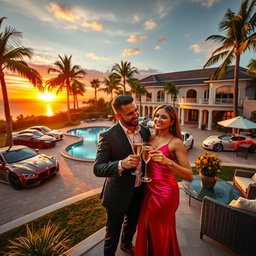 A vibrant and aspirational scene showcasing a luxurious lifestyle: a lavish mansion with a sprawling garden and a sparkling swimming pool, opulent cars parked in a grand driveway, palm trees swaying in the gentle breeze, and a beautiful sunset in the background