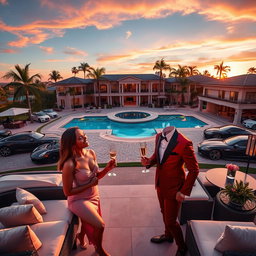 A vibrant and aspirational scene showcasing a luxurious lifestyle: a lavish mansion with a sprawling garden and a sparkling swimming pool, opulent cars parked in a grand driveway, palm trees swaying in the gentle breeze, and a beautiful sunset in the background