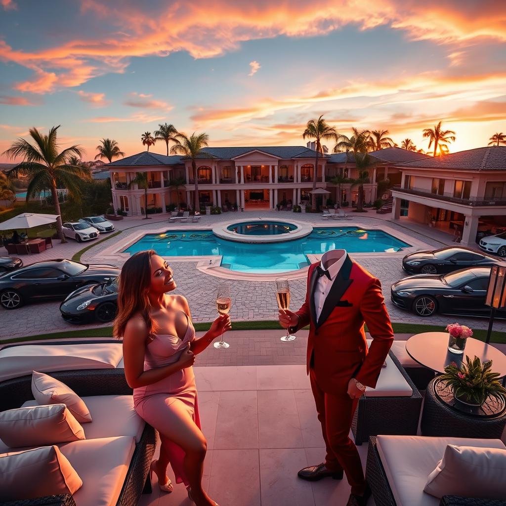 A vibrant and aspirational scene showcasing a luxurious lifestyle: a lavish mansion with a sprawling garden and a sparkling swimming pool, opulent cars parked in a grand driveway, palm trees swaying in the gentle breeze, and a beautiful sunset in the background