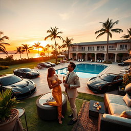 A vibrant and aspirational scene showcasing a luxurious lifestyle: a lavish mansion with a sprawling garden and a sparkling swimming pool, opulent cars parked in a grand driveway, palm trees swaying in the gentle breeze, and a beautiful sunset in the background
